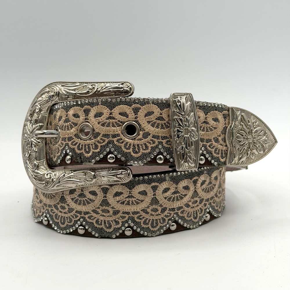 Angel Ranch Western Belt Womens S Leather White Lace Brown Bling Rodeo Cowgirl